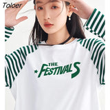 Women Tees 2023 Spring Striped Long Sleeve O Neck Loose Tshirt Letter Print Pure Cotton Comfort Basic All Match