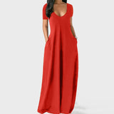 Casual Long Dress Summer 11 Colors Solid Short Sleeve Maxi Dresses Fashion Pocket V-neck Female Loose Dress Robe