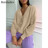 Casual V-neck Knitted Loose Cardigan Women Buttons Lantern Sleeve Sweaters Female Basic White Autumn Winter