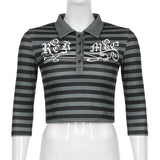 Goth Print Tops Stripe Cute Y2K T-Shirts Dark Academia Techwear Button Up V Neck Half Sleeve Sweat Shirts Grunge