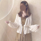Women White Knitting Elegant Japanese Style Lantern Sleeve Lace Up Sun-proof Loose All-match Female Outerwear