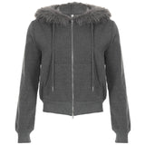 Spliced Zipper Hooded Jacket Woman 2025 Autumn And Winter Retro Letter Embroidery Short