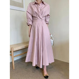 Korean Fashion Slim Dress For Women Lapel Long Sleeve High Waist Midi Dresses Female Spring Clothing Style New
