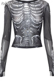Cyber Y2k Skull Print Black Mesh Sheer Long Sleeve Top Gothic Clothes Women Street Style Graphic Tshirt