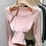 Spicy Fishbone Line Leads The German Velvet Bottomed Shirt And The Girl Wears A Slim And Short White Blouse In The Autumn And Winter Long-Sleeved T-Shirt-Outfit