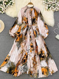 Quality Light Extravagant Lantern Long Sleeved Round Collar Waist Slim Single Breasted Printed Dress Elegant Long Skirt-Outfit
