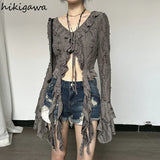 Tops Vintage Blouse Women Streetwear Sexy Fashion Shirts V-neck Slim Fit Ruffles Hole Irregular Blouses Camisas De Mujer-Outfit