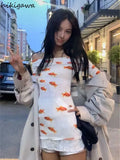 Tops Summer Woman Tshirts Slash Neck Long Sleeve Print Tees Streetwear Sexy Tunic T Shirt Korean Casual Fashion Y2k T-shirt-Outfit