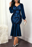 Elegant Sequins V Neck Long Sleeve Mermaid