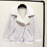Varey Lin Winter Faux Lamb Leather Jacket Women Faux Leather Lambs Wool Fur Collar Pu Moto Zipper Jacket Warm Thick