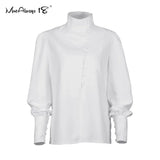 Stand Collar Office Blouse Women Casual Puff Sleeve Work shirts White Ladies Single-Breasted Top Spring Fashion
