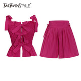 Sweet Style Two Piece Suit Women‘s Clothing Bowknot Square Collar Sleeveless Top High Waist Shorts Female 2021