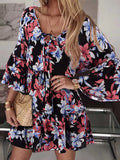 Bohemian Women Floral Printed Dress 2022 Celmia Summer Lace Up V Neck Beach Party Mini Vestidos Elegant Flared Sleeve