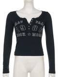 Print T Shirt Streetwear Y2K Aesthetic Long Sleeve Slim Top Women Buttons Basic Tee Casual Korean Grunge Fairycore-Outfit