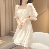 Puff Sleeve Lace Fairy Dresses French Korean Japan Style Kawaii Elegant Vintage Chiffon Bodycon Dress Women Clothing