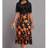 Long-Waisted Temperament Commuter Black Dress Set Short-Sleeved Printed
