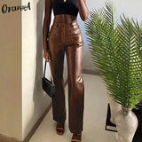 Y2K Fashion Women Summer Faux Leather Straight Pants Luxurious Vintage Leisure PU Loose Office Lady Slim Design