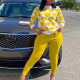 Women Two Piece Cute Sweet Suits Long Sleeve Heart Shirt Top & Pocket Pants