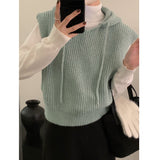 Autumn New Korean Women's Casual Solid Color Hooded Knitted Vest Loose-Fitting Short Sweater Vest-Outfit