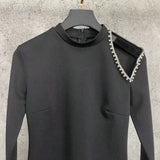 Black Cut Out Playsuit For Women Round Neck Long Sleeve High Waist Patchwork Diamond Playsuits Female 2021