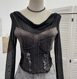 Sexy Collar Long-Sleeved T-Shirt To Make Old Hole Cowboy Splicing Net Bare Back Short Top