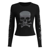 Women Goth T-shirts Crop Tops Spring Autumn Vintage Clothes y2k 2000s Slim Skull Printed Long Sleeve Tops Female Clothing-Outfit