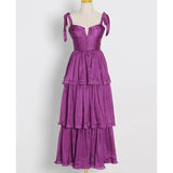 Elegant Solid Women's Dress Square Collar Sleeveless High Waist Patchwork Ruffles Long Dresses Female 2022