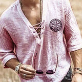 Halloween Costume Hippie Linen Shirt Casual Middle Sleeve V Neck Summer Loose Tee Tops Solid Color T Shirts 2021