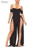 Off The Shoulder One Piece Overalls for Women Slash Neck Backless Wide Leg Jumpsuit Elegant Double High Split