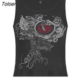 Women Sleeveless Grunge Tank Top Goth Rhinestone Heart Print Aesthetic Slim Crop Top Vintage Casual Cute Camis E