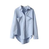 Autumn Women Solid Cotton Blouse Korean Long Sleeve Top Women Vintage Gray Top and Blouse with Pocket Women's Clothing