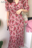 Dresses for Women V-neck Short Sleeve Floral Dress Female Chiffon Long Dress Korea Office Lady Vestidos Summer 2023