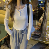 Color Y2k Crop Tops Women Sexy Slim Knitted Bloused Long Sleeve Tees Female 2022 Summer Clothing Elegant Tshirt Korean
