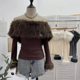 Hollow Hanging Neck Cowboy Splicing Mesh Strap With Irregular Long-Sleeved T-Shirt Short Top