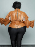 Plus Size High Neck Ruffles PU Leather Long Sleeve