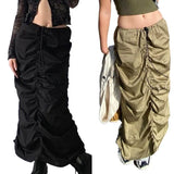 Women Solid Color Skirt, Drawstring Pleated Adjustable Elastic High Waist Half Dress Casual Daily Clothes-Outfit