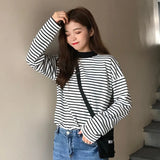 Women Retro Striped Long Sleeve Tops Leisure Simple Students All-match T Shirt Soft Warm Korean Womens Autumn