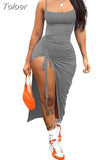 Color Spaghetti Strap Ruched Drawstring Long Party Dress Women 2023 Summer Low Neck Sleeveless Side High Split Prom