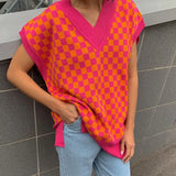 V Neck Plaid Sleeveless Oversized Knit Sweater Vest Top Elegant Vintage Y2K Jumpers Casual Loose Green Long