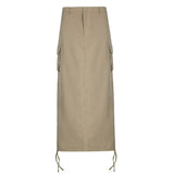 Gray Solid Casual Midi Cargo Skirts Womens Pockets Stitching Streetwear Side Shirring Tie Up Jupe Vintage Preppy