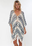 Vacation Blue Stripes V Neck Loose Crochet Knitted Beach