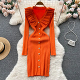 Winter Ruffles Design Knitted Dress V Neck Button Sheath Sweater Dress Fashion Long Sleeve Solid Midi Long