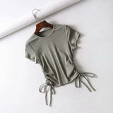 Side Drawstring Tie Up Ruched Tank Tops Women Solid Color Slim Crop Top Ladies Streetwear Ribbed Knitted Tees