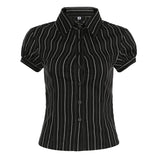 Striped Bubble Sleeve Blouse With Thin Waist And POLO Collar Button Cardigan Short Sleeved T-Shirt-Outfit