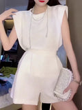 Green Loose Two Piece Set Womens Round Neck Sleeveless Tops High Waist Shorts Solid Minimalist Sets Female