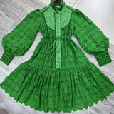 TWOTWINSTYLE Cut Out Solid Mini Dresses Female Stand Collar Long Sleeve High Waist Embroidery Lace Panel Dress For Women