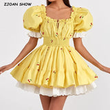 Princess Yellow Cherry Print Spliced Lace Corset Style Mini Dress Women Puff Sleeve Slim Waist Ruffle Hem Cake Party Robe-Outfit