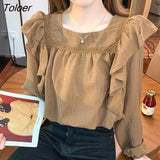 Women Ruffles Square Collar Design Elegant Temper Fashion OL Ulzzang Females Блузки Spring New Arrival Stylish Young