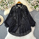 Gas Age Reduction Shirt Female French Heavy Industry Shiny Embroidery Diamond Set High-End Lantern Sleeve Thin Top