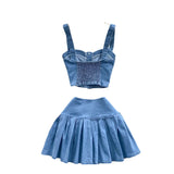 Port Style Retro Hottie Set Short Sling Vest With Mini Half-Dress Denim Two-Piece